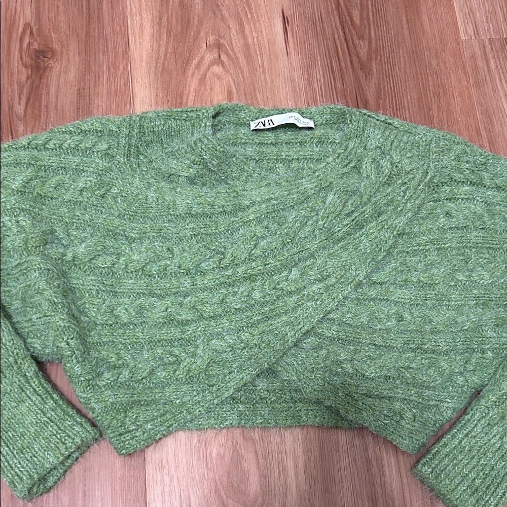 Zara Green Cable Knit Cropped Sweater Wrap Sweater Criss Cross Sweater - Picture 7 of 11